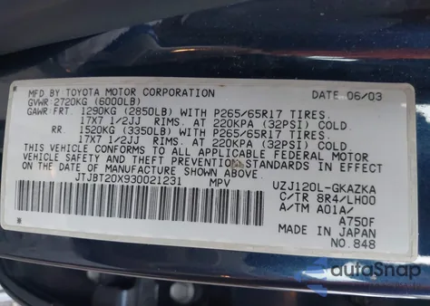 2003 Lexus Gx 470 z USA, uszkodzony, nr VIN JTJBT20X930021231